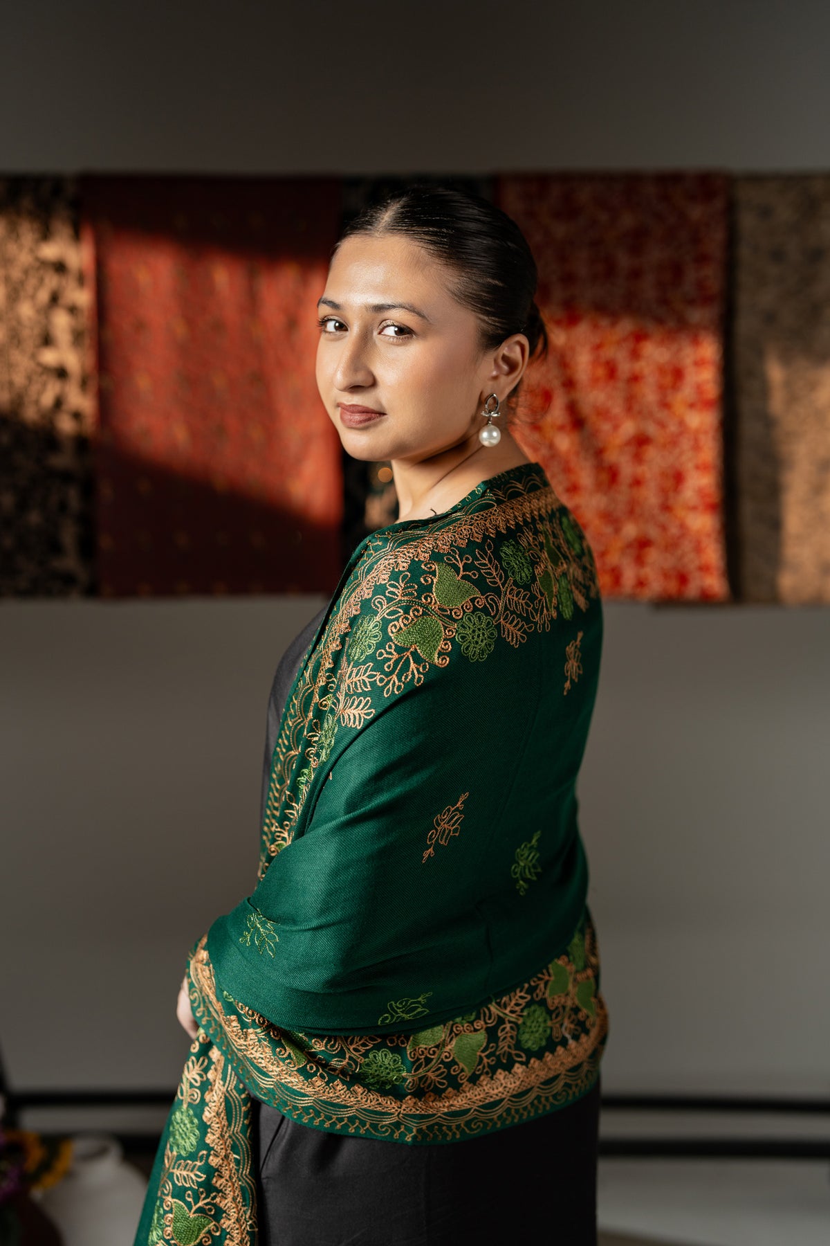 Abeer Floral Vine Border Embroidered Pashmina Shawl